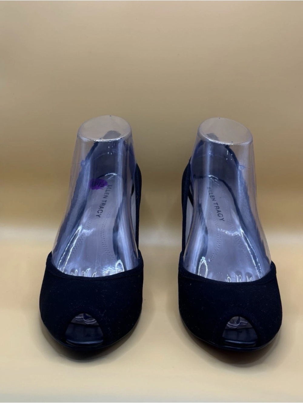 Ellen Tracy Wedge Pumps Womens 8.5 Black Peep Toe Stretch Fabric Career Shoes - Picture 5 of 11